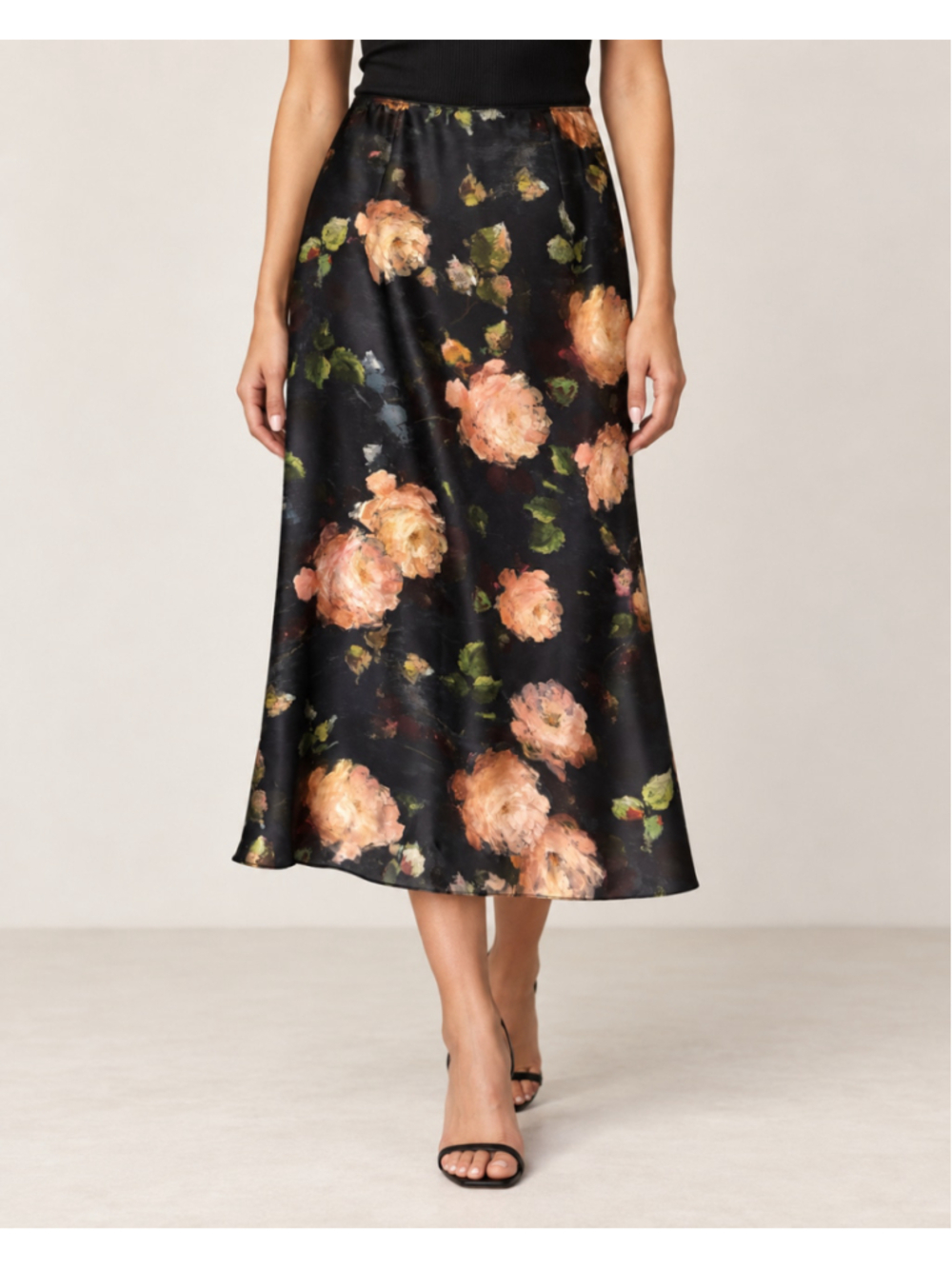 Vince Painted Rose Floral 100% Silk Midi Skirt Black Peach Size 2 NWOT